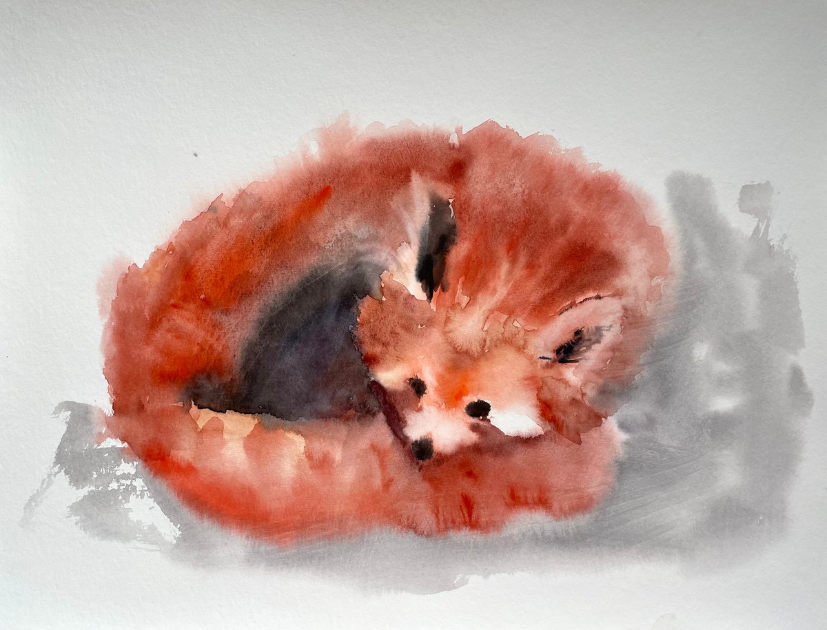 Red Panda Painting, Bear Original Watercolor Artwork, Nursery Decor by Kate Grishakova