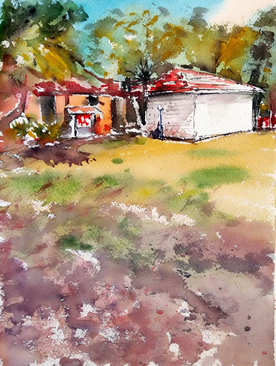 Impressionistic Landscape Watercolour By Leonid Kirnus, 10 X 13", The Barn, Original Artwork