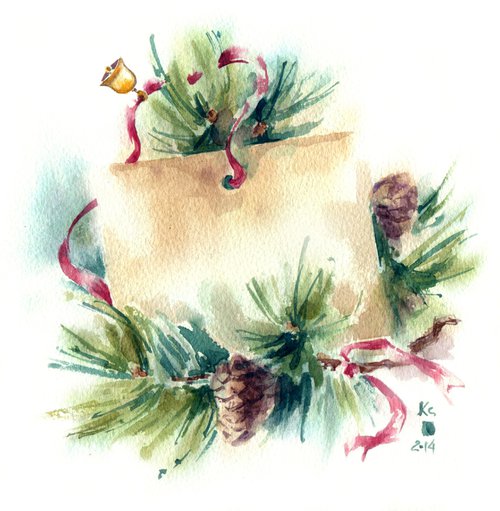 "New year card with sprigs of spruce" original watercolor artwork small format by Ksenia Selianko