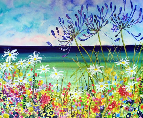 Agapanthus, Valerian and Daisies by the sea