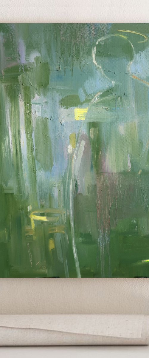 Green Abstraction Observer Meditation Oil Painting by Anna Shchapova