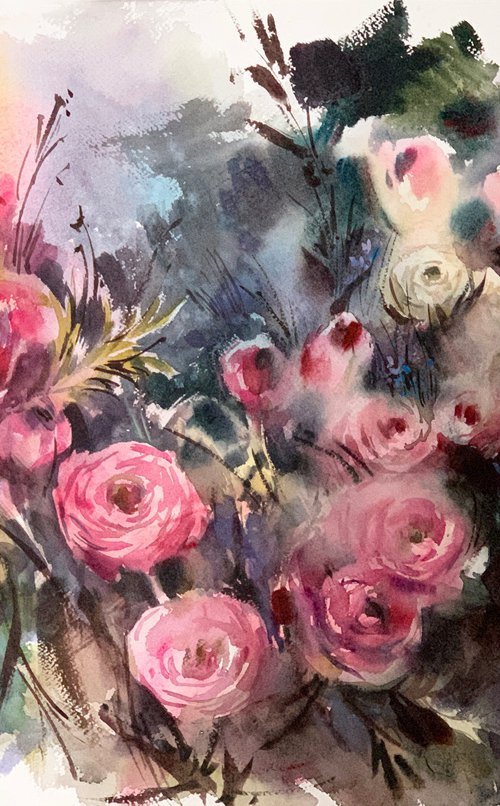 Roses and Other Flowers Watercolor Painting, Pink Floral Bouquet Watercolour Artwork by Sophie Rodionov