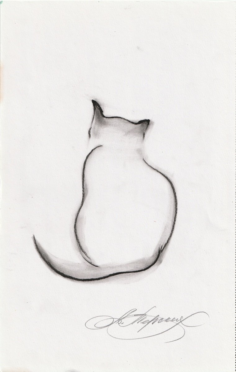 Animal Charcoal Drawing By Anastasia Terskih, 7 X 12, Kitty, Original Artwork