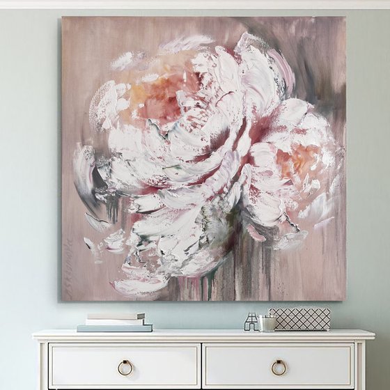 Peach peony square painting