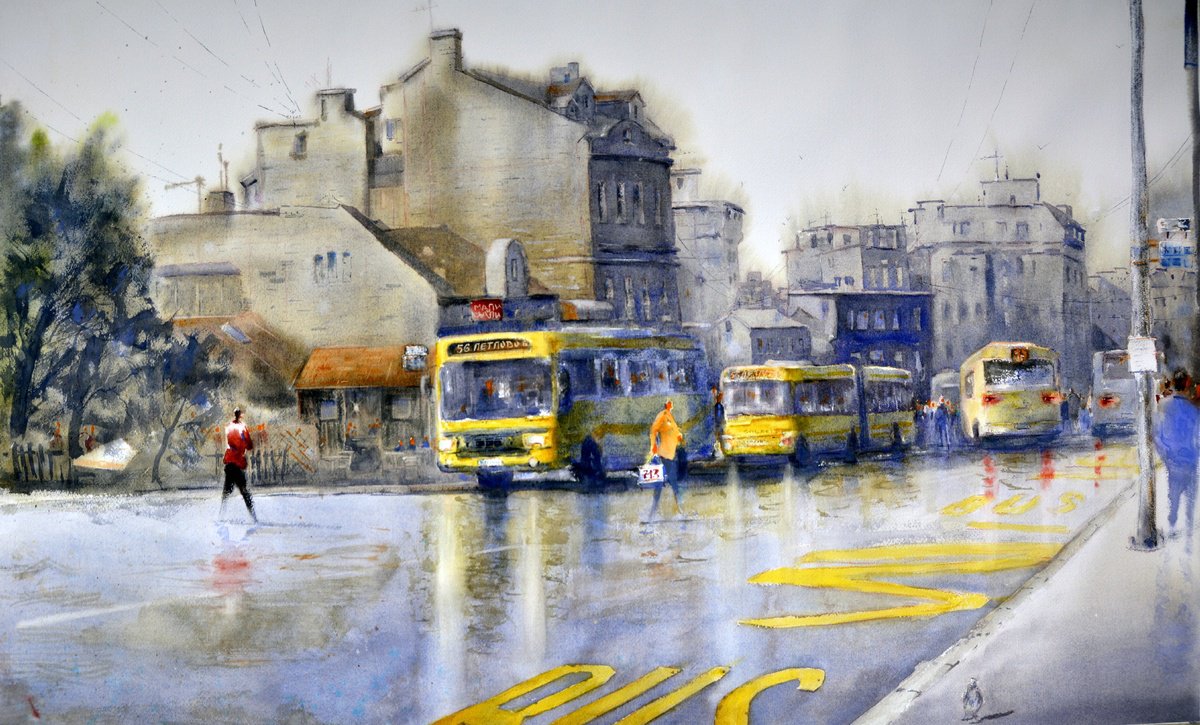 Impressionistic Cityscapes Watercolour By Nenad Kojic, 36 X 22", Belgrade Rapsody In Yellow, Original Artwork