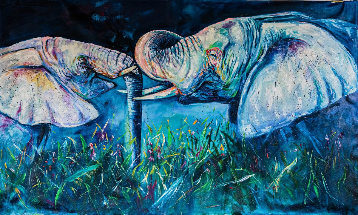 Impressionistic Animal Oil Painting By Kovacs Anna Brigitta, 79 X 47", Elephant Meeting, Original Artwork