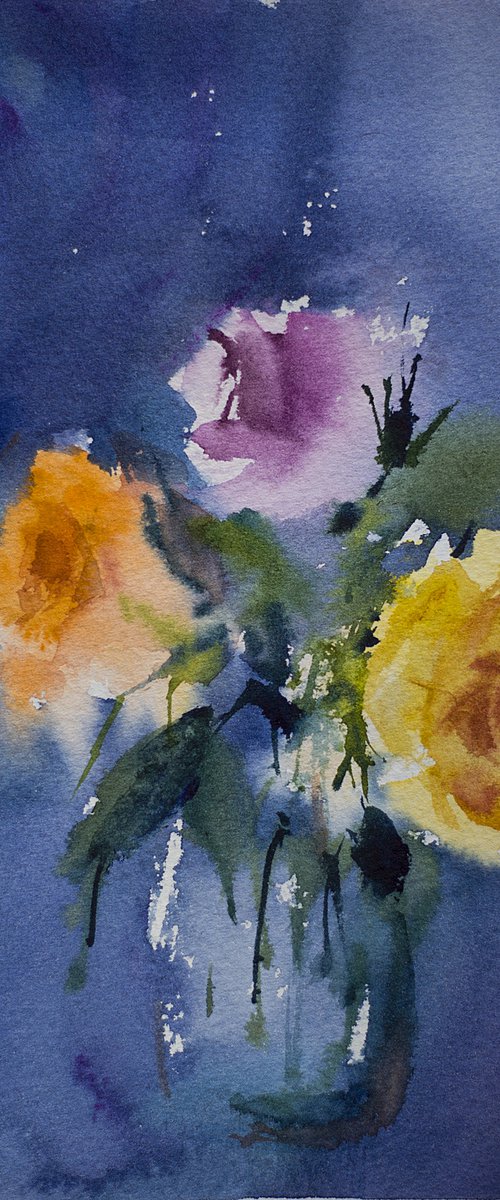 Roses. Watercolor. Small cheap etude simple blue flowers decor little by Sasha Romm