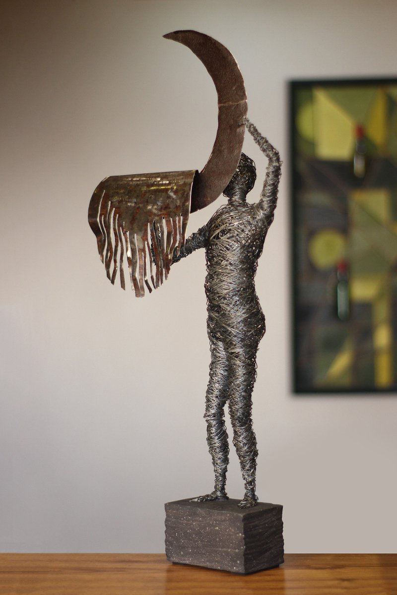 Abstract Portrait Sculpture By Karen Axikyan, 10 X 26", Creating The Moon, Original Artwork