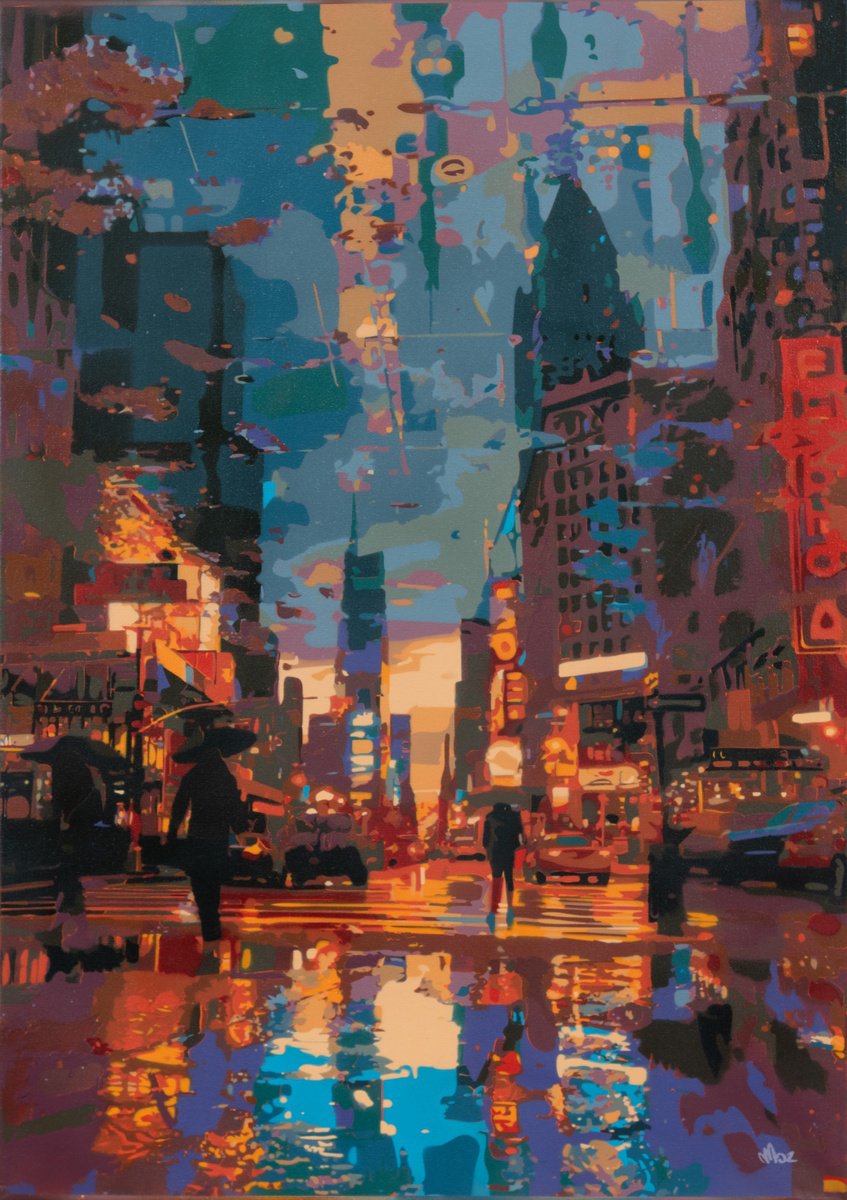 Impressionistic Cityscapes Painting By Marco Barberio, 20 X 28", Dystopian New York City, Original Artwork