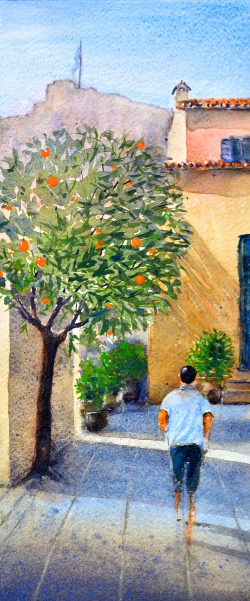 O-range tree Athens Greece 17x36 cm 2022 by Nenad Kojić watercolorist