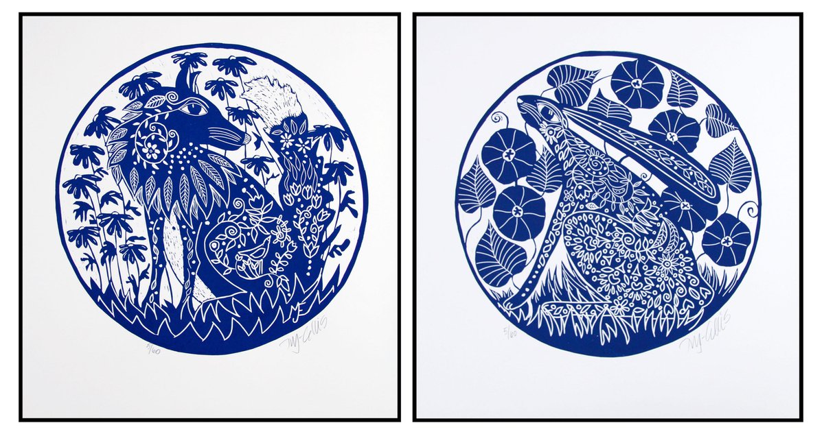 Illustrative Animal Linocut By Mariann Johansen-Ellis, 18 X 18", Hare And Fox, Pair Of Prints, Original Artwork