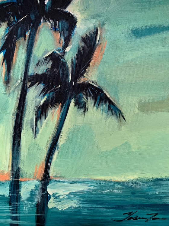 Expressionist painting - "Green day" - Pop Art - palms and sea - night seascape - 2022