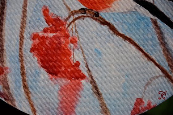 Round watercolor painting on canvas Bird Bullfinch on winter tree