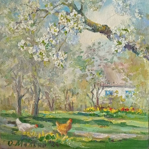 Spring landscape with hens / ORIGINAL oil picture ~8x8in (20x20cm) by Olha Malko