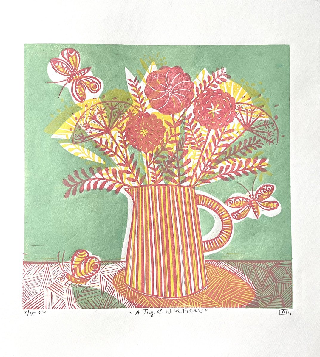 Expressive Botanical Linocut By Alison Headley, 15 X 17, A Jug Of Wild Flowers (Mint), Original Artwork