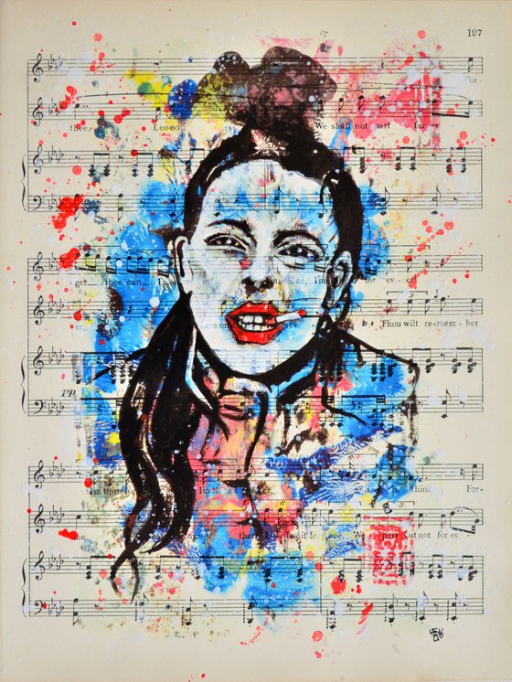 Girl With The Cigarette - Collage Art on Vintage Music Sheet Page