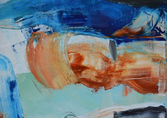 Abstract painting - The path to somewhere - Original white, blue and orange painting