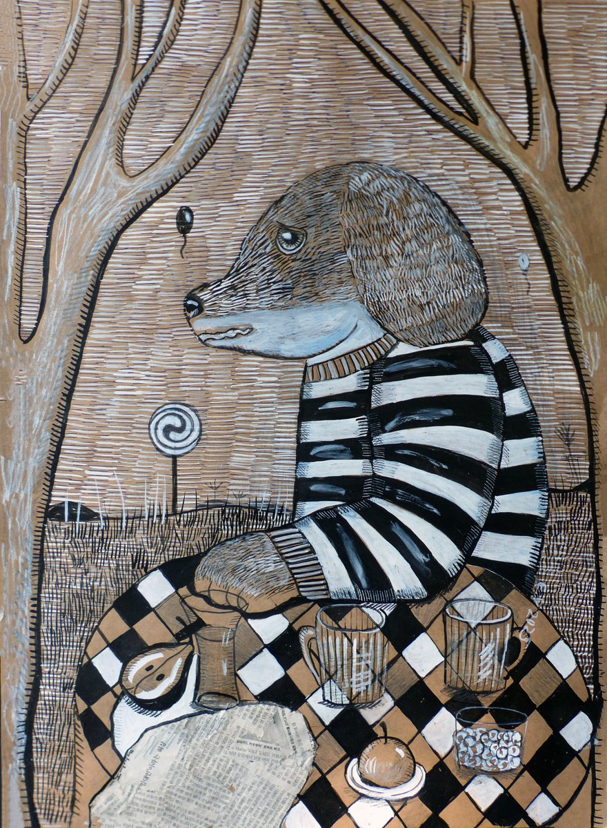 Surrealistic Animal Drawing By Elizabeth Vlasova, 20 X 27, Unfinished Dialogue, Original Artwork