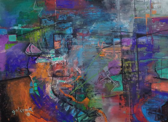 Harmonies And Disharmonies, abstract oil painting blue and purple, 45x 32 cm