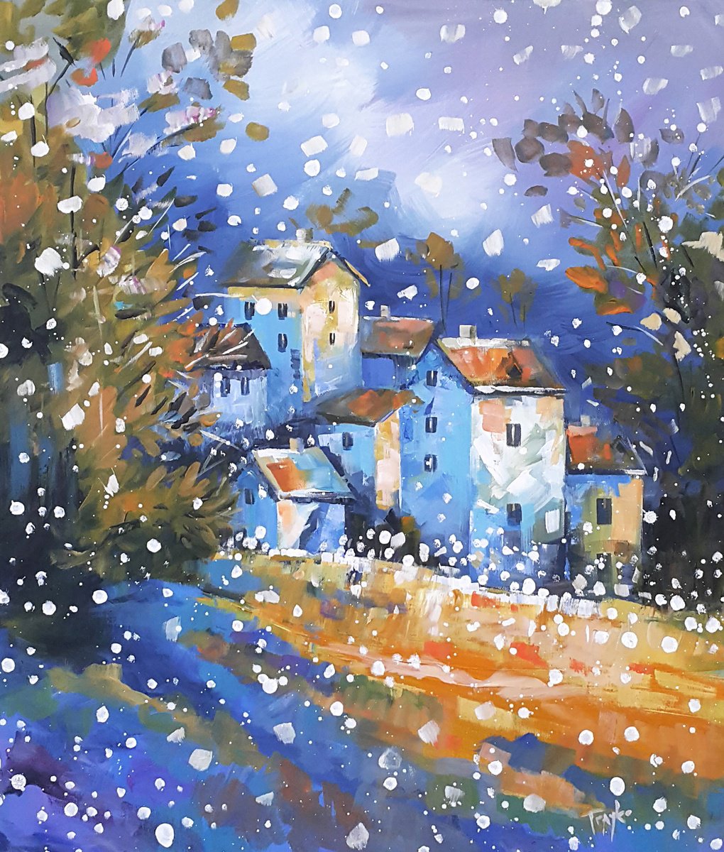 Abstract Landscape Acrylic Painting By Trayko Popov, 24 X 28", Snowfall Serenade, Original Artwork