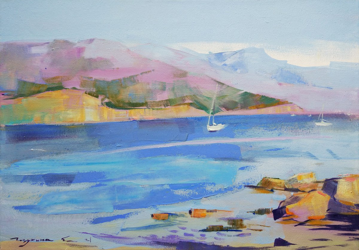 Appeasement near the Sea . Yachts in Montenegro . Original plein air oil painting . by Helen Shukina