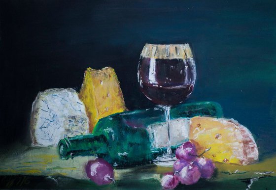 Still life with wine and cheese. Original dry pastel vine small classic