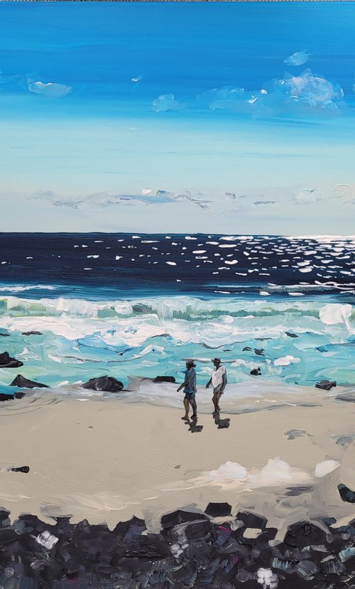 Walking on a lonely beach. Ocean painting. by Kathrin Flöge