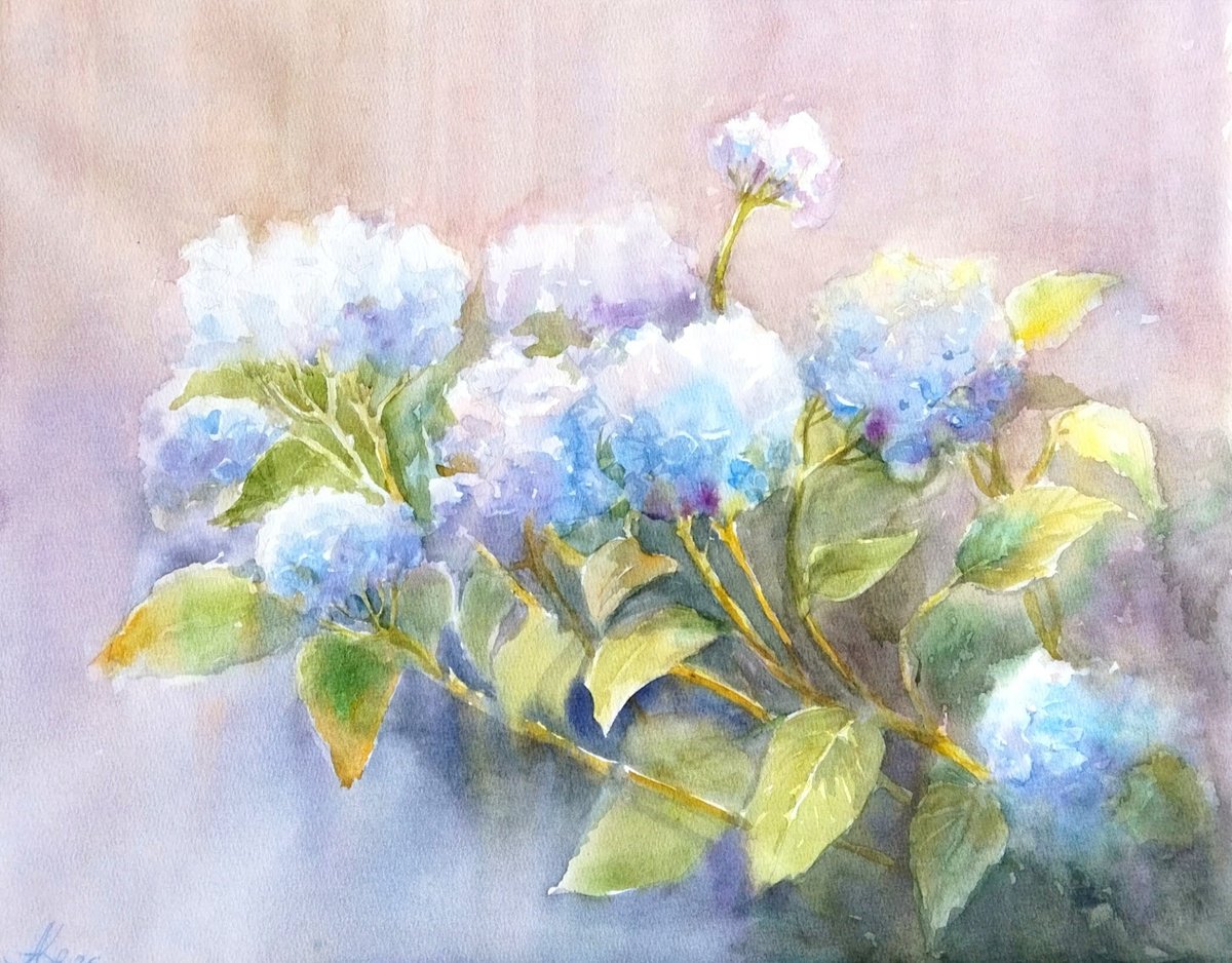 Impressionistic Watercolour , Blue Hydrangeas Flowers By Ann Krasikova, 20 X 16, Artwork For Sale On Artfinder