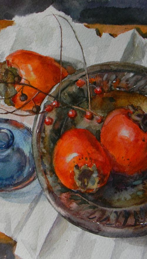 Persimmons in the old fruit bowl by Liudmyla Chemodanova
