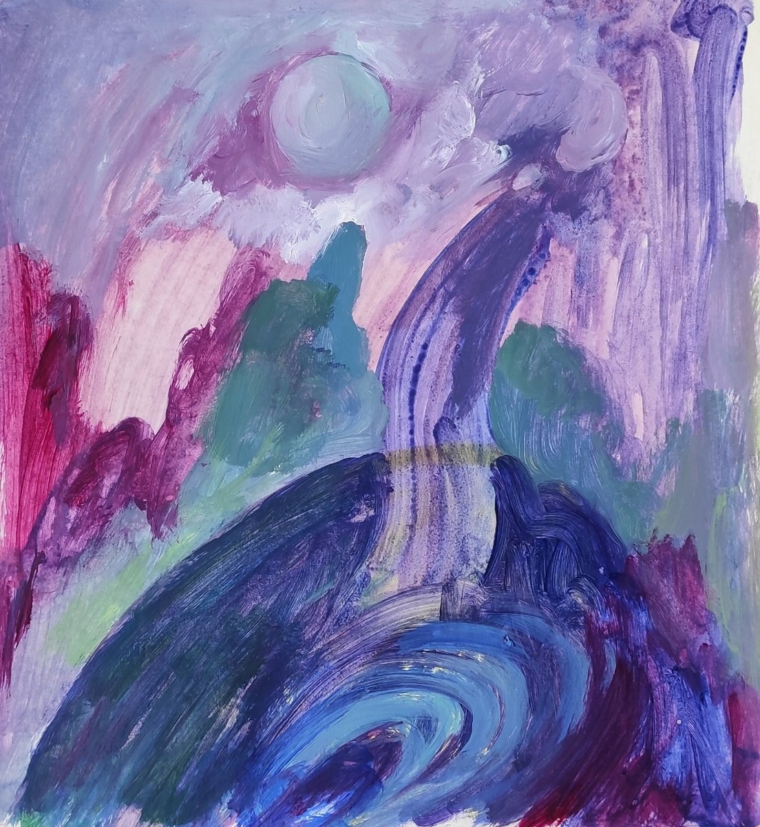 Abstract Landscape Acrylic Painting By Tetiana Borys, 9 X 10", Moon, Original Artwork