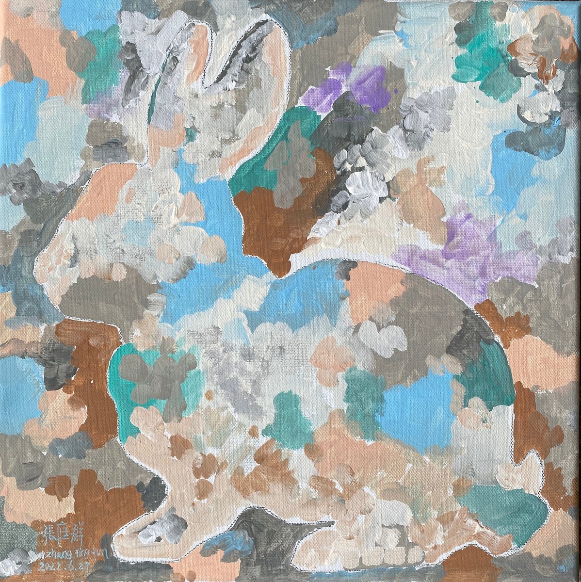 Impressionistic Animal Acrylic Painting By Tingqun Zhang, 12 X 12", Rabbit, Original Artwork