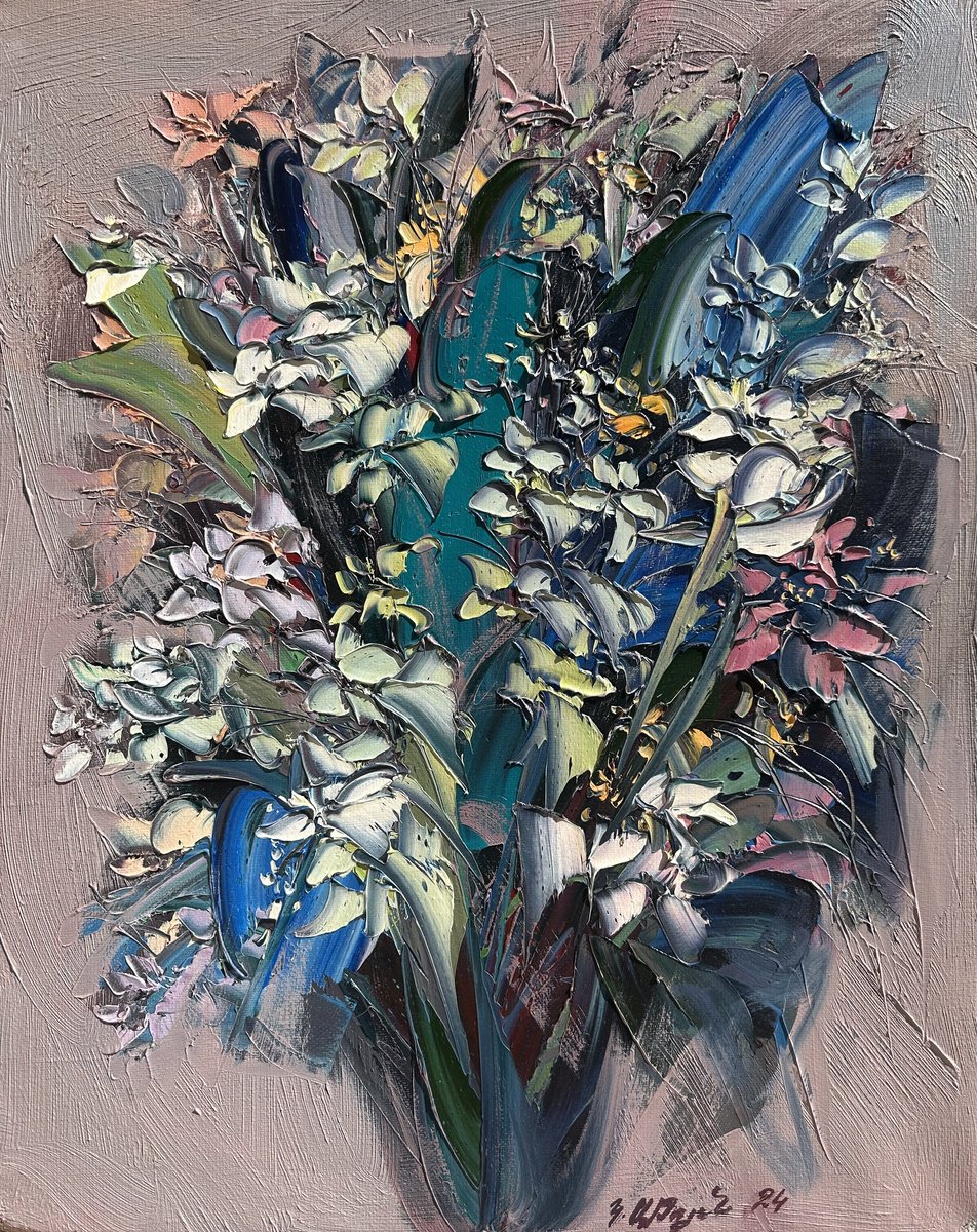 Impressionistic Botanical Oil Painting By Kamo Atoyan, 16 X 20", Lyrical Blossoms, Original Artwork