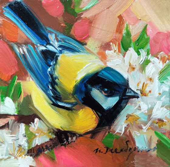 Titmouse bird painting original, Bird art 4x4