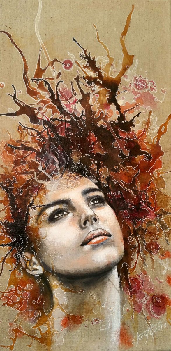 Expressive Portrait Acrylic Painting By Elena Kraft, 12 X 24, Heyday, Original Artwork