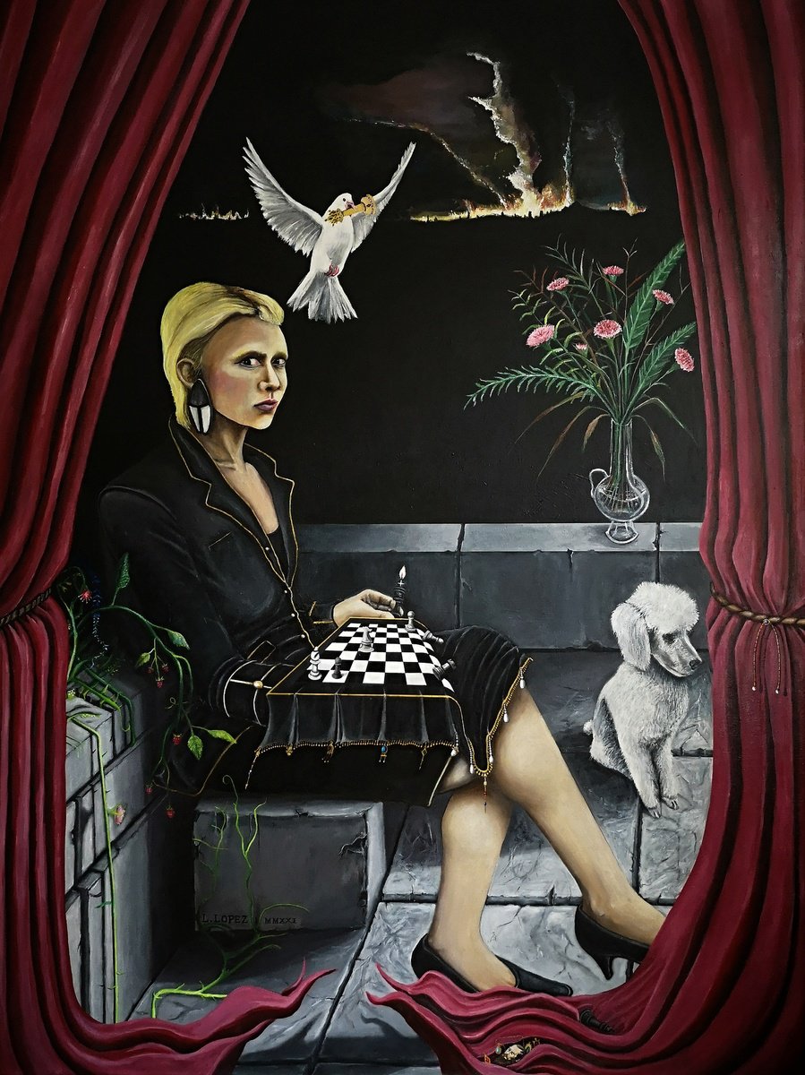 Illustrative Portrait Acrylic Painting By Luis Lopez, 59 X 79", Reina De Oros, Original Artwork