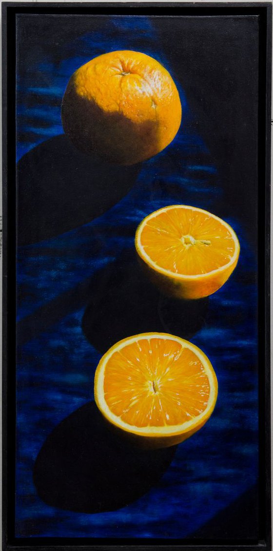 Two Oranges on Dark Blue Silk
