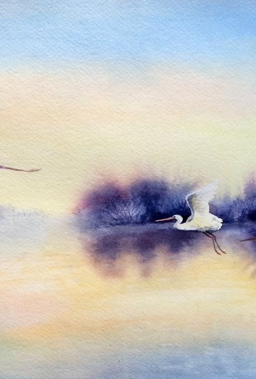 "Serenity", lake, dawn, flying by Olga Beliaeva Watercolour