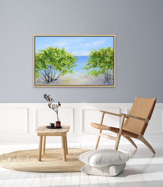 ENDLESS SUMMER. Tropical Island Seascape Painting of Florida Beach and Sea Birds.