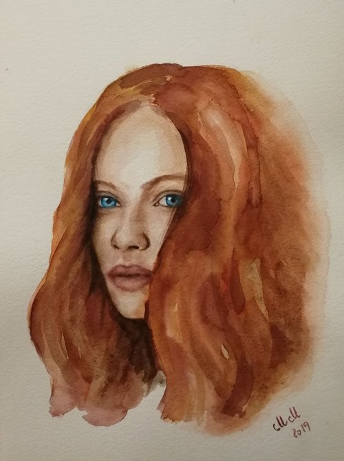 Red hair girl - original watercolor portrait by Mateja Marinko