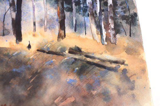 Forest at dusk, watercolor painting