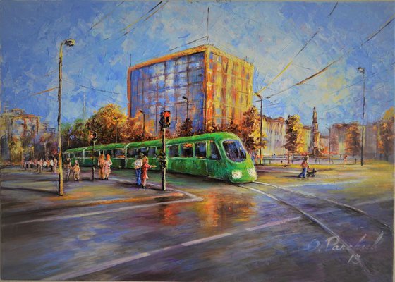 ORIGINAL OIL PAINTING "CITY TRAM"