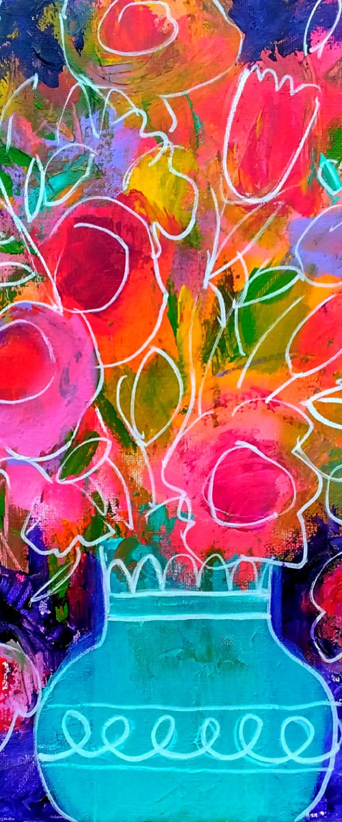 Flowers from the Garden in a Blue Vase by Jan Rippingham