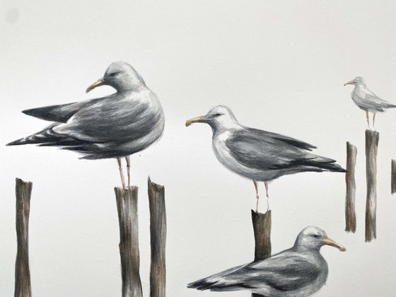 seagulls. One of a kind, original painting, handmade work, gift, watercolour art.