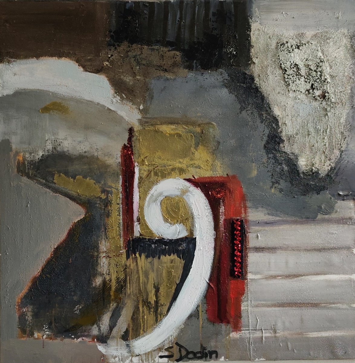 Abstract Acrylic Painting By Sylvie Dodin, 39 X 39", Golden, Original Artwork