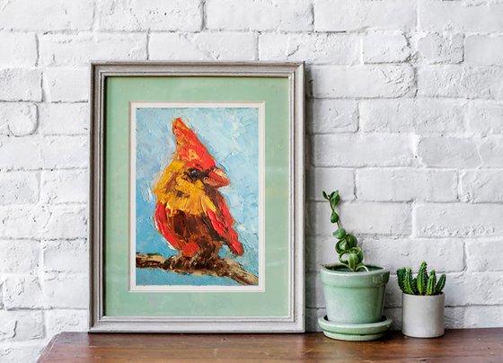 Cardinal Painting Original Art Yellow Red Bird Artwork Small Wall Art Home Decor