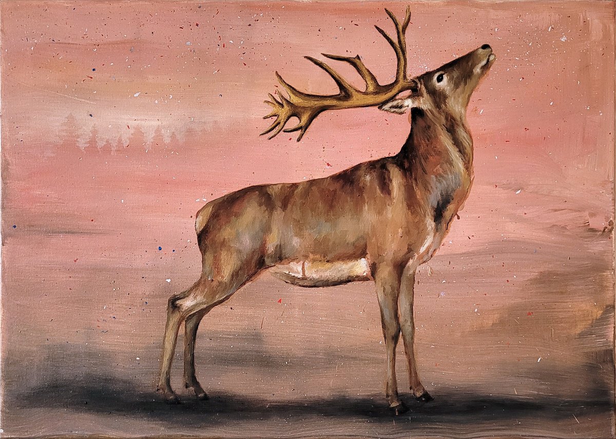 Animal Oil Painting By Lisa Braun, 28 X 20", Christmas Deer, Original Artwork
