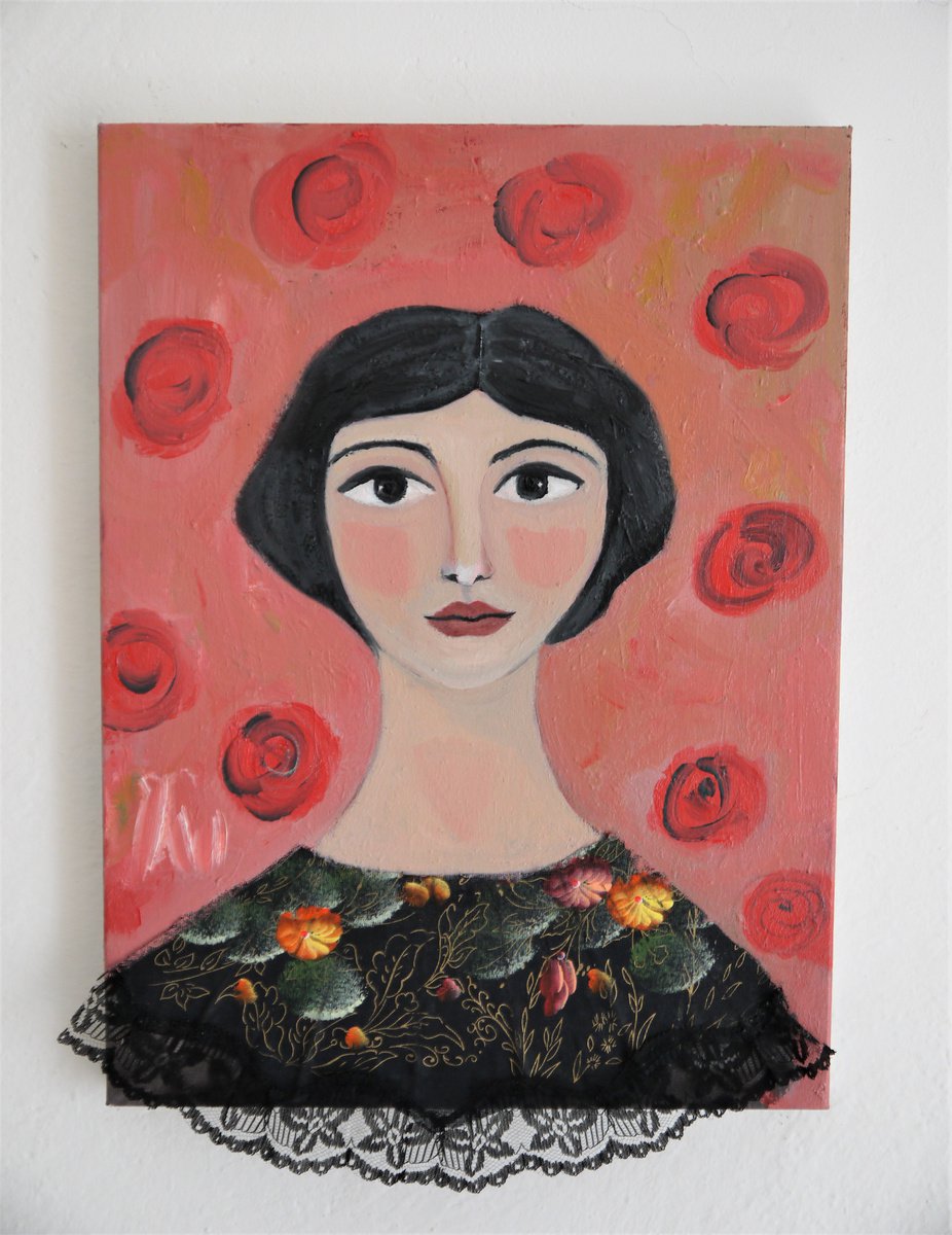 Lady with roses. Portrait painting by Ilaria Dessi