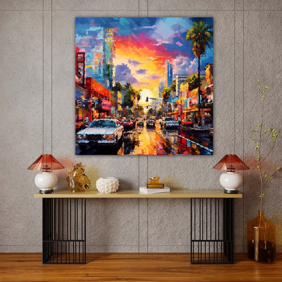 American street at sunset after the rain. Urban cityscene, colorful impressionistic landscape art. Large wall art home decor. Art Gift