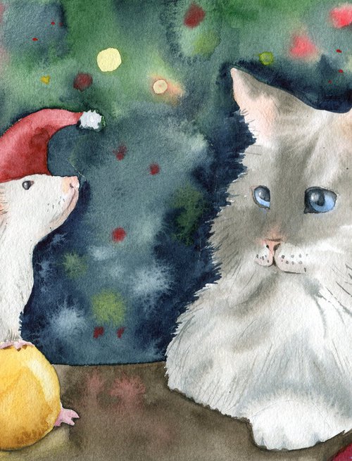 New Year's illustration with a white cat and a mouse. Original watercolor artwork. by Evgeniya Mokeeva