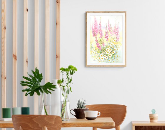 White daisies and pink foxgloves / Original floral watercolor Summer flowers picture